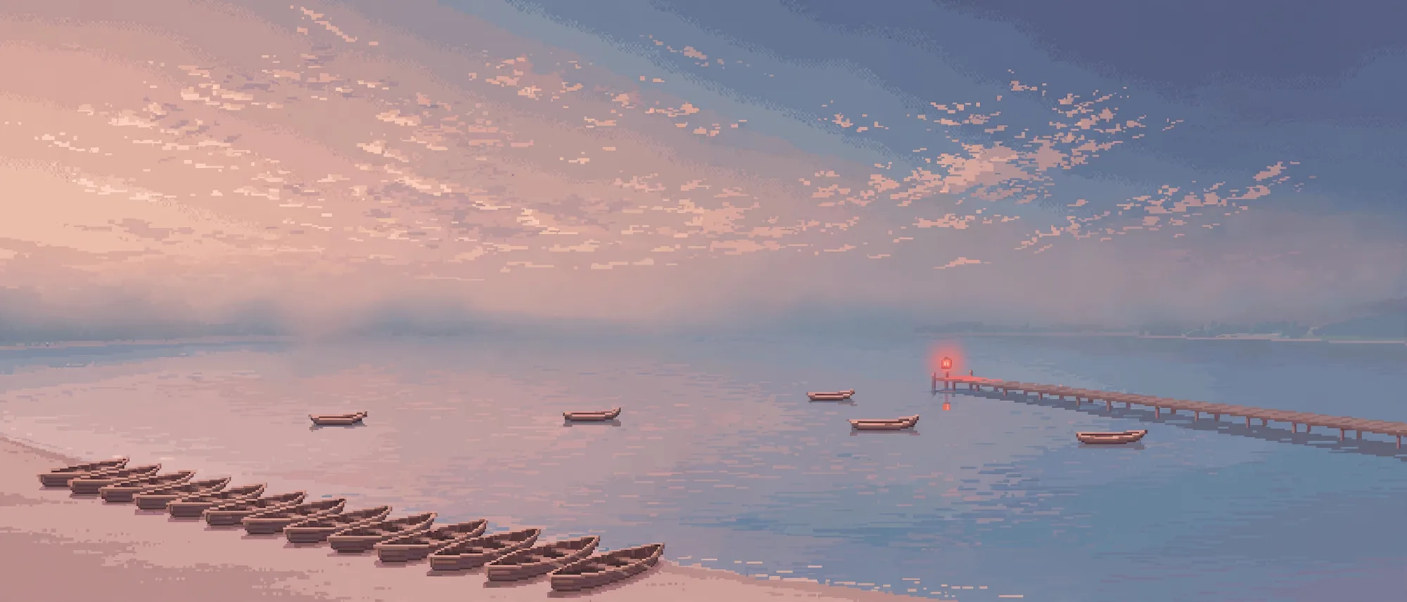 Ten small wooden boats pulled up on a beach at dusk, a few more drifting out, a lantern at the end of a pier.