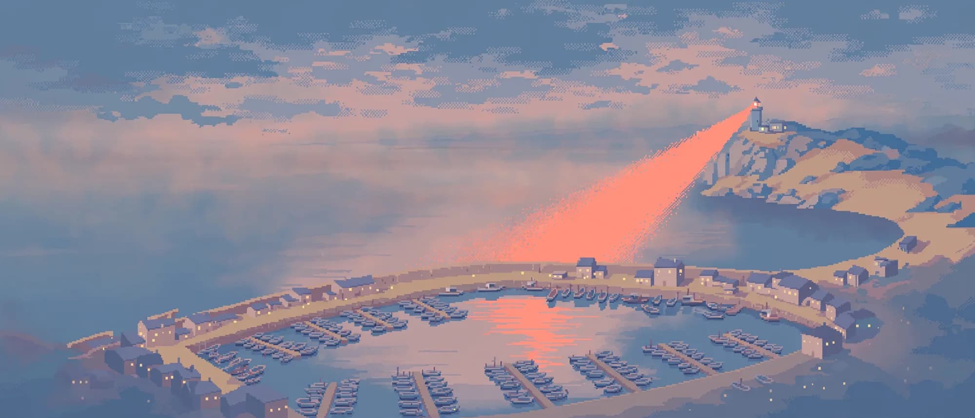 A lighthouse sweeping its light over a calm harbour at dusk, boats moored in rows below.