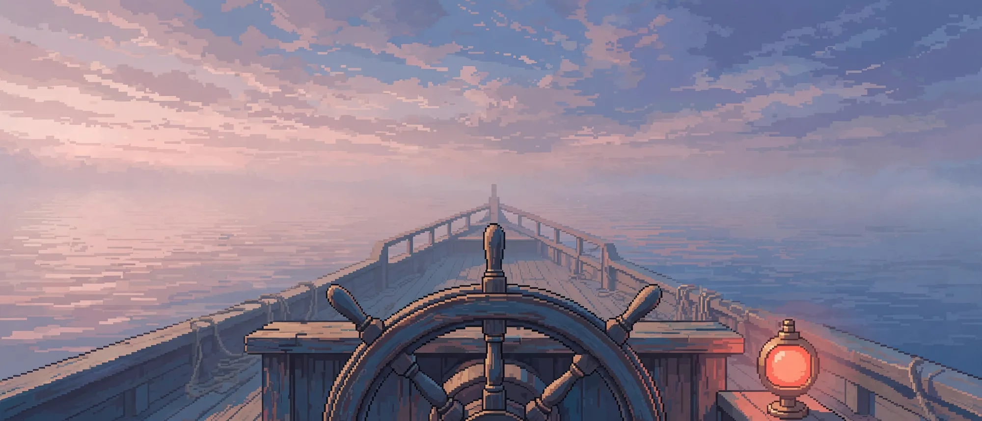 The empty wheel of a sailing ship at dusk, the open sea ahead, the compass lamp lit.