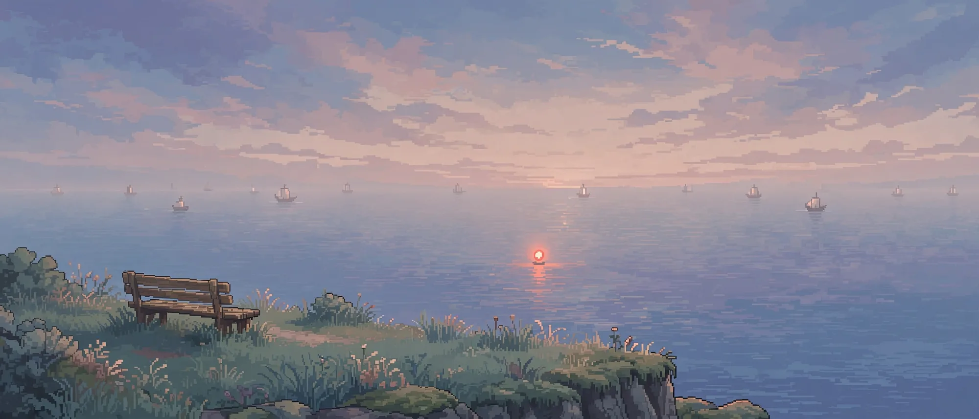 An empty bench on a cliff over a vast sea at dusk, ten sailing ships adrift far out in the haze.