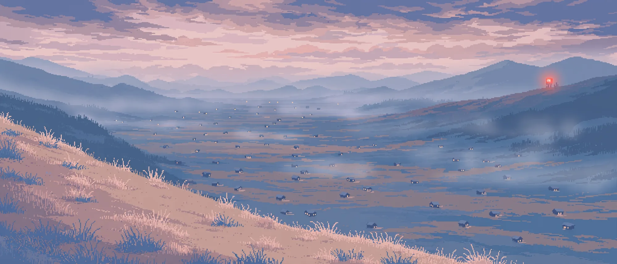 A wide valley at dusk, dozens of small cabins scattered to the mountains, each with one lit window.